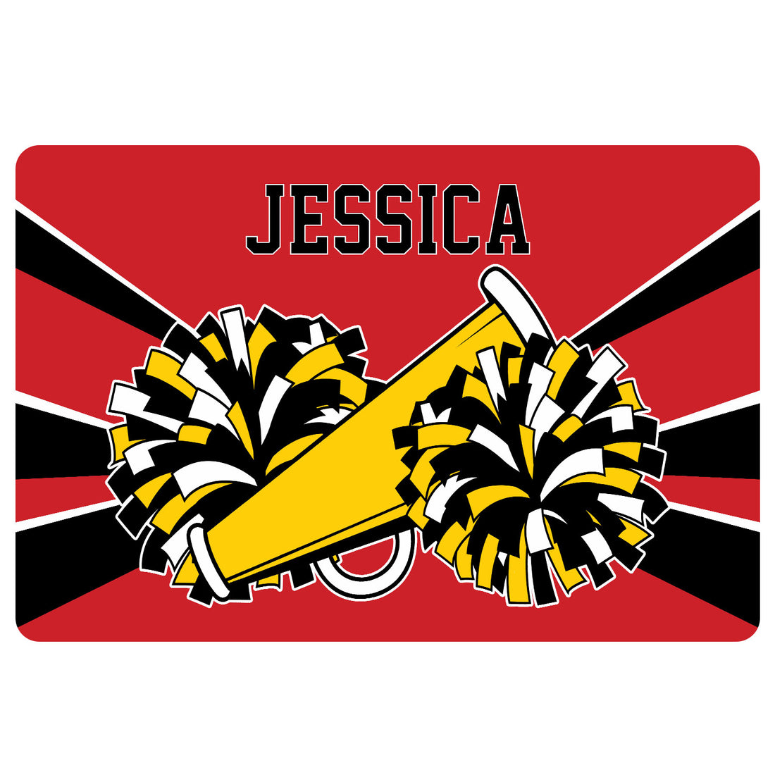 Cheerleading doormat featuring colorful pom-poms and a megaphone in bold red, black, white, and yellow