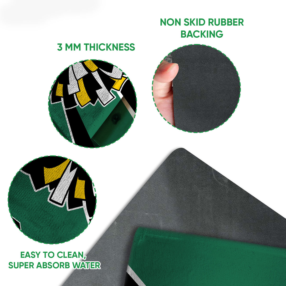 Close-up feature view of a cheerleading doormat showing the printed top surface and rubber backing
