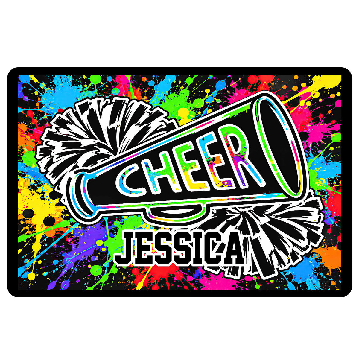 Cheerleading doormat with black and white pom-poms, megaphone, and colorful paint-splatter background