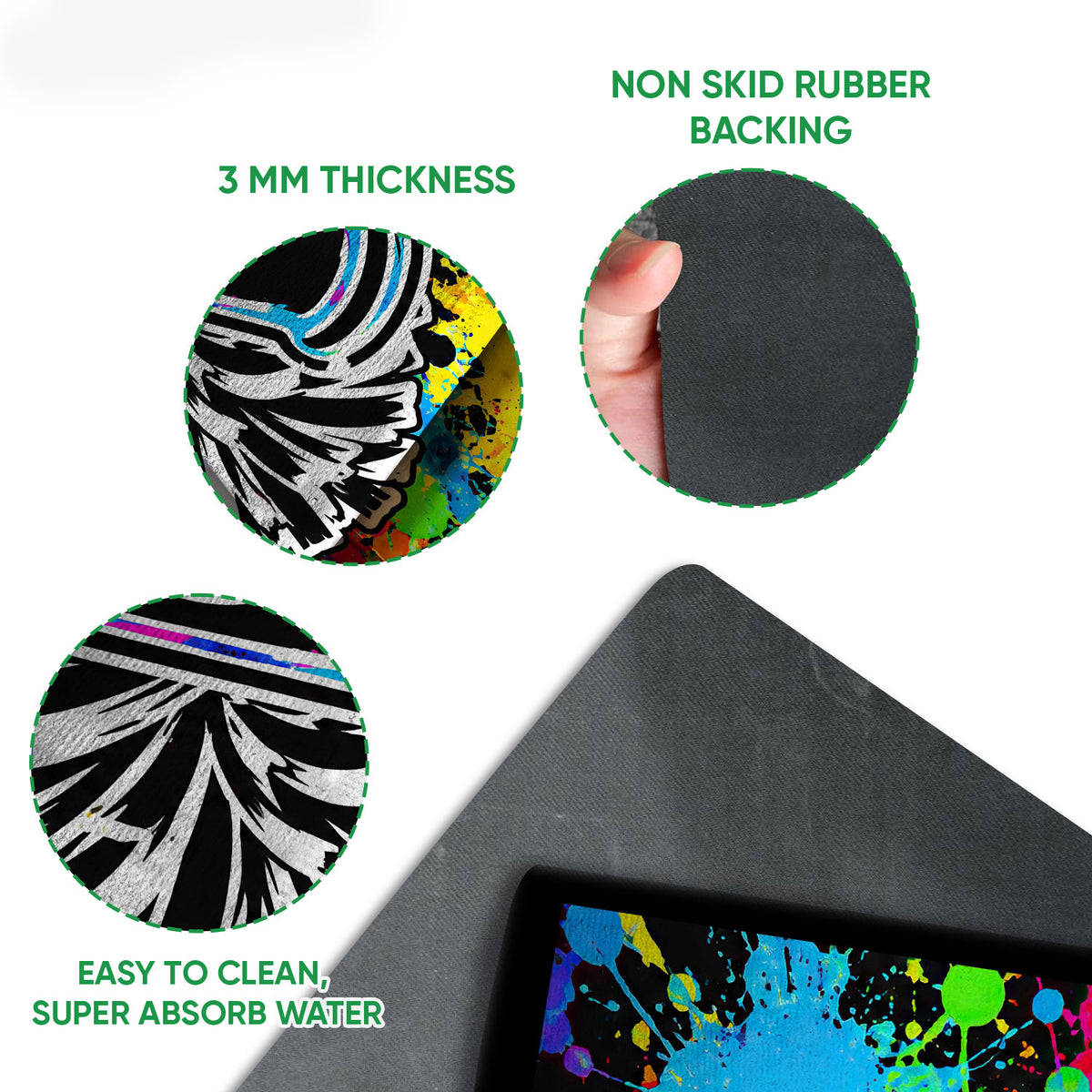 Close-up feature view of cheerleading doormat surface and black rubber backing with traction-focused design
