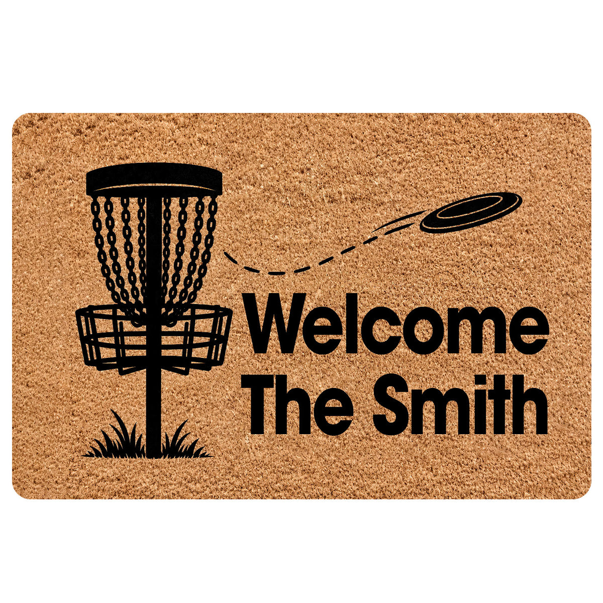 Disc golf doormat with a basket, flying disc, and bold welcome message in black on a tan background