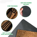 Disc golf doormat feature view showing the printed basket design, backing, thickness, and easy-clean callouts