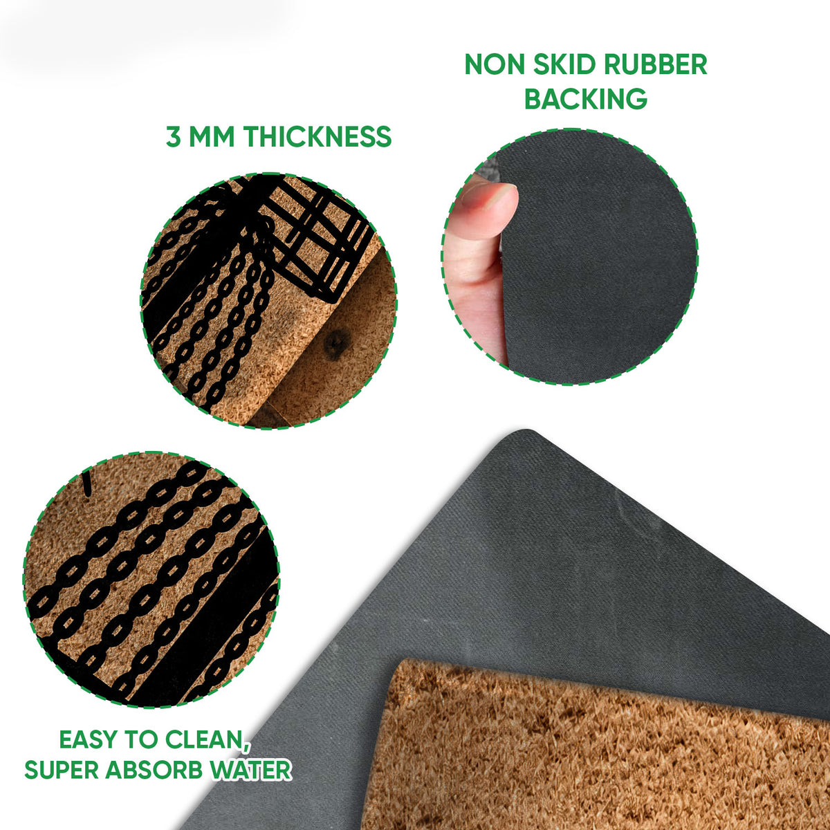 Disc golf doormat feature view showing the printed basket design, backing, thickness, and easy-clean callouts
