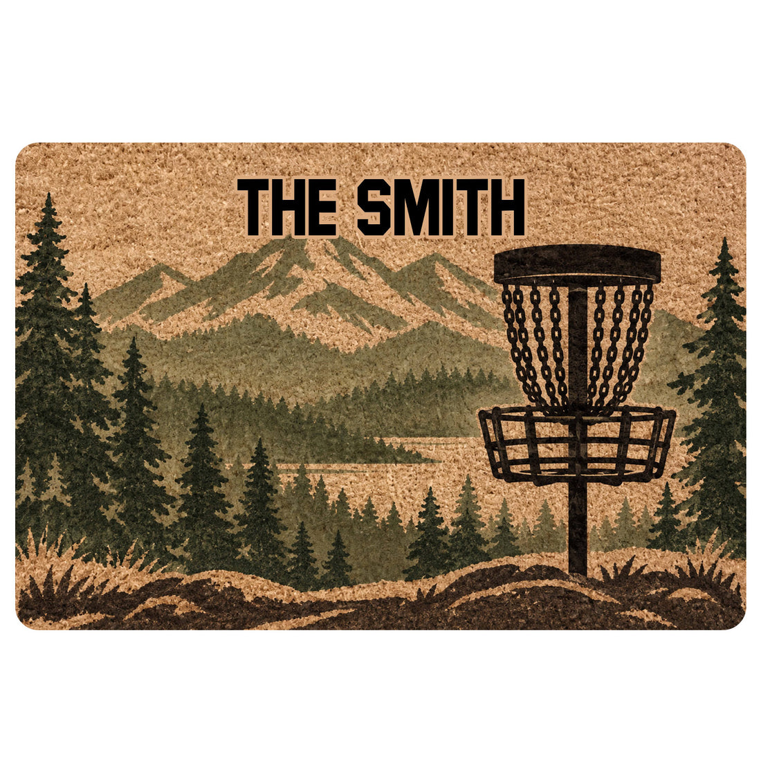 Disc golf doormat featuring a basket, mountain landscape, and evergreen forest artwork