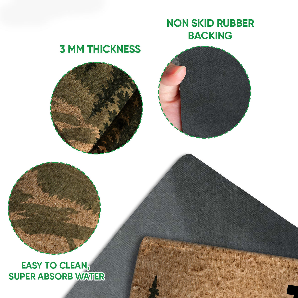 Close-up feature view of the disc golf mat surface and black rubber backing