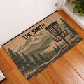 Disc golf doormat displayed in an entryway on a hardwood floor