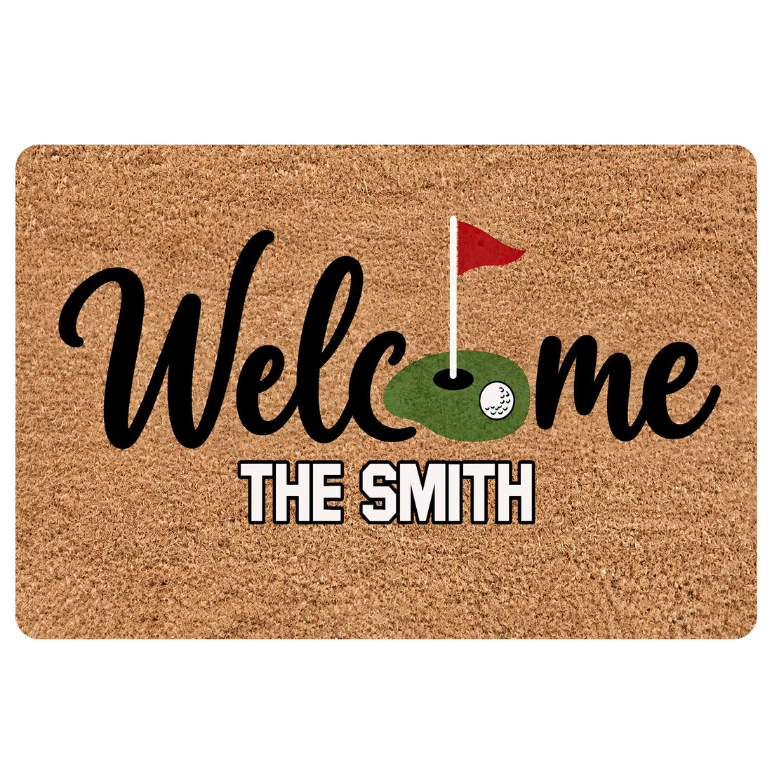 Golf doormat with a putting green, red flag, golf ball graphic, and bold welcome lettering