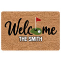 Golf doormat with a putting green, red flag, golf ball graphic, and bold welcome lettering