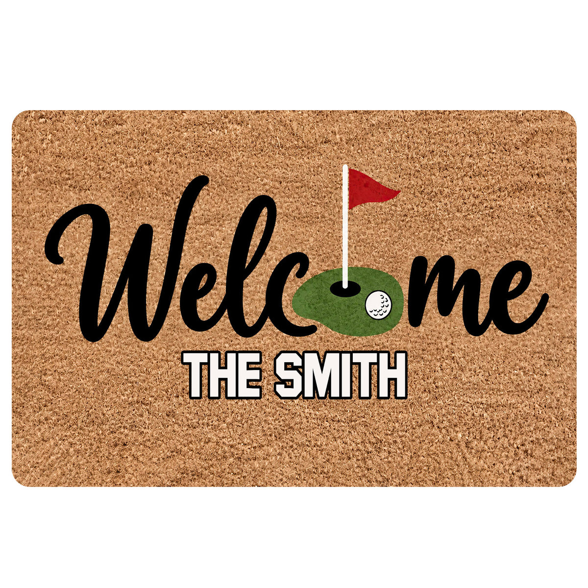 Golf doormat with a putting green, red flag, golf ball graphic, and bold welcome lettering