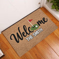 Golf-themed entryway doormat displayed by a white door on a wood floor