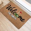 Golf welcome door mat styled at an entryway with a green, flag, and golf ball design