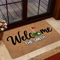 Golf-themed entryway rug displayed near a glass door with a putting green graphic