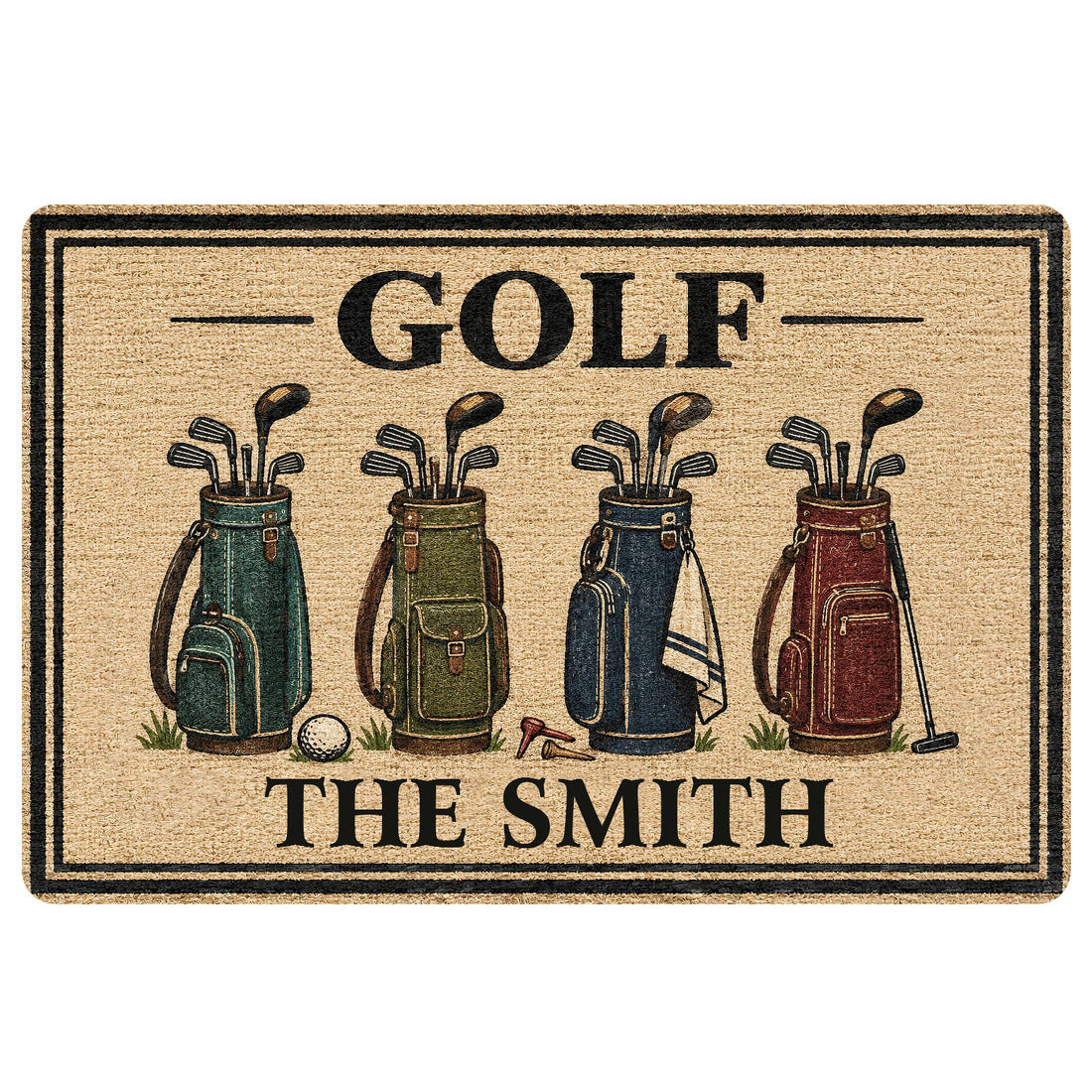 Golf doormat featuring four colorful golf bags, clubs, a golf ball, tee and bold vintage-style lettering
