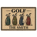 Golf doormat featuring four colorful golf bags, clubs, a golf ball, tee and bold vintage-style lettering