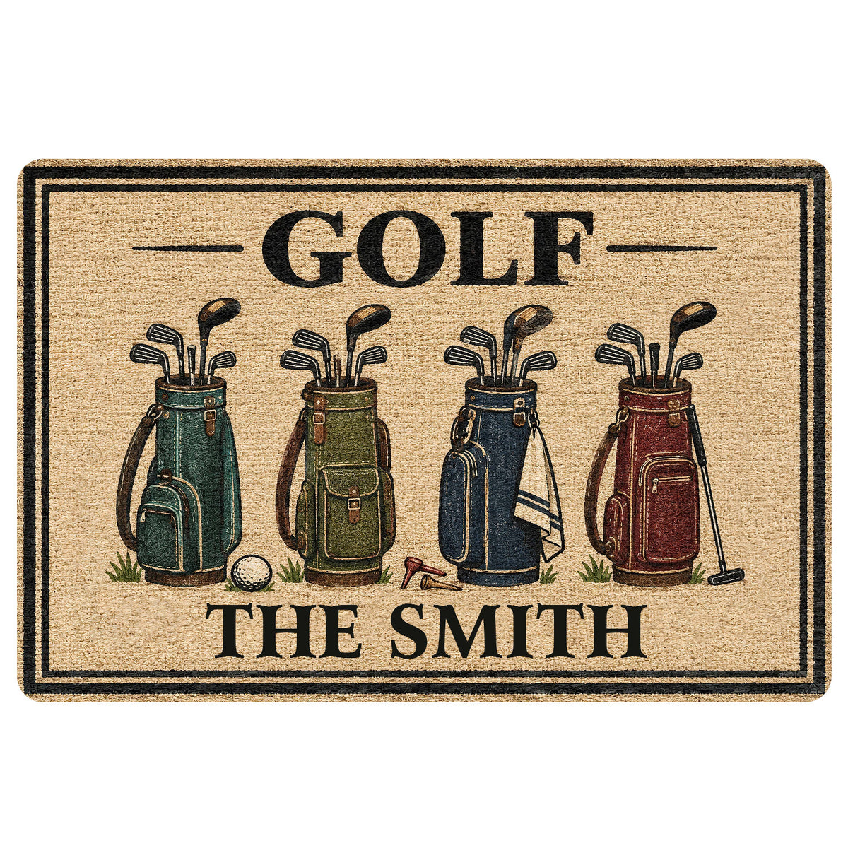 Golf doormat featuring four colorful golf bags, clubs, a golf ball, tee and bold vintage-style lettering