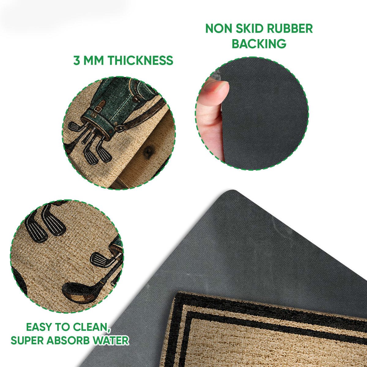 Close-up product detail showing the golf artwork, textured surface, rubber backing and slim mat profile