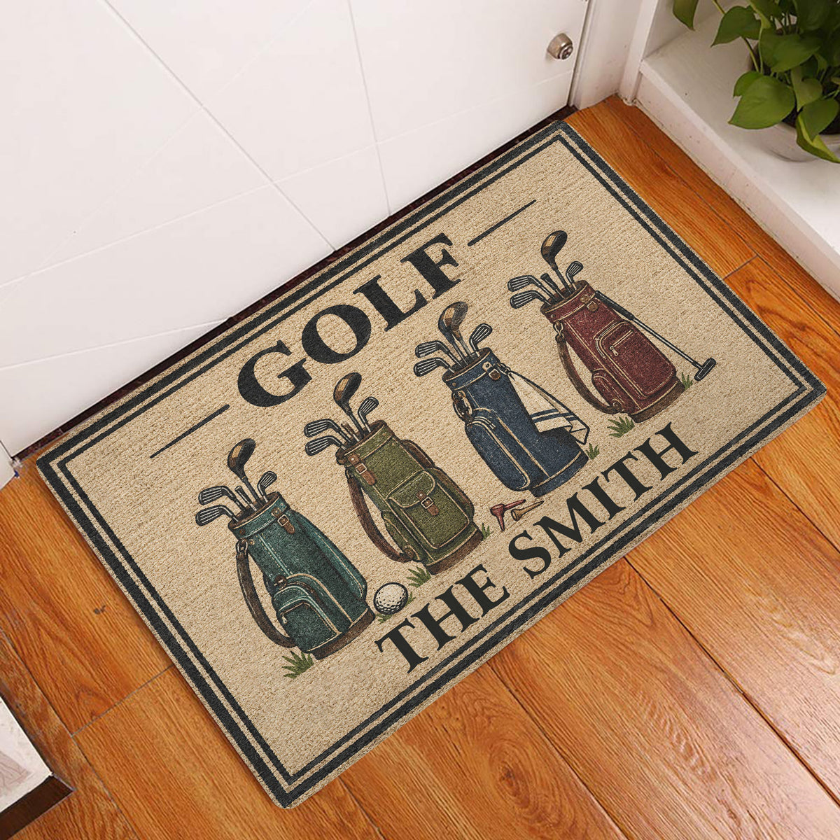 Golf doormat styled in an indoor entryway on a warm wood floor beside a white door