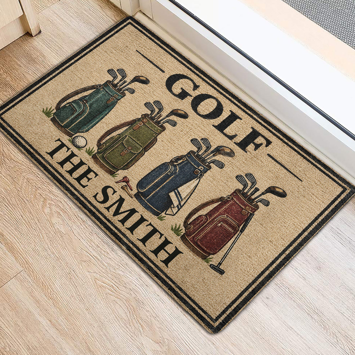 Golf entryway mat displayed near a doorway with illustrated golf bags, clubs and a bordered design