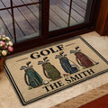 Golf doormat presented at a glass doorway with colorful golf bags and vintage-inspired artwork