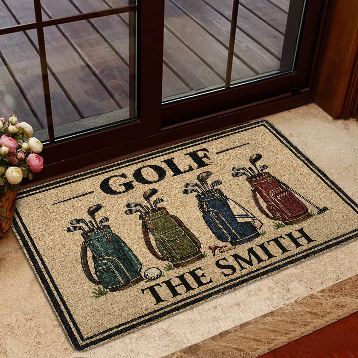 Golf doormat presented at a glass doorway with colorful golf bags and vintage-inspired artwork
