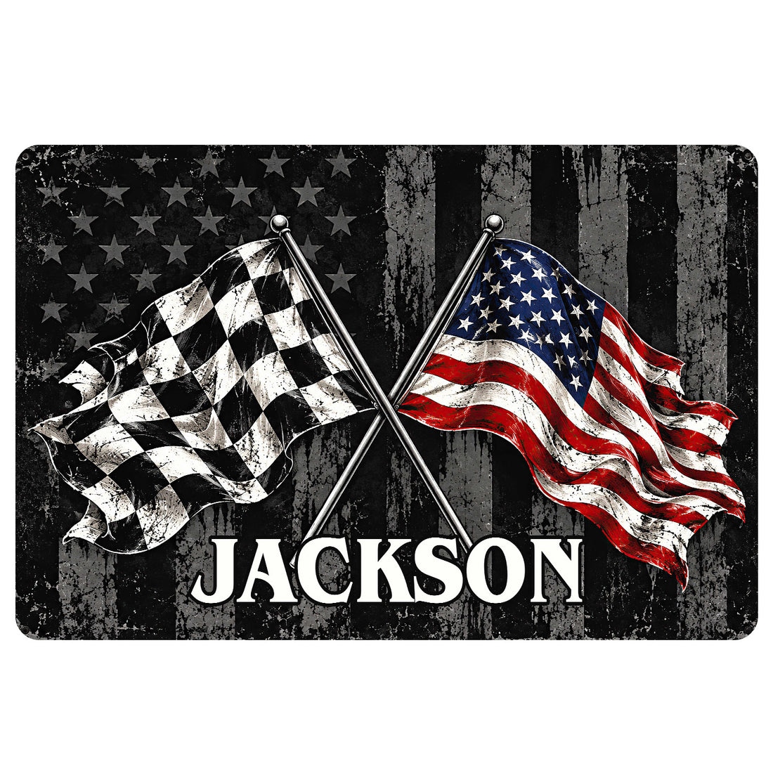 Dirt track racing doormat featuring crossed checkered and American racing flags on a distressed black background