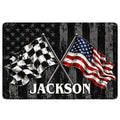 Dirt track racing doormat featuring crossed checkered and American racing flags on a distressed black background