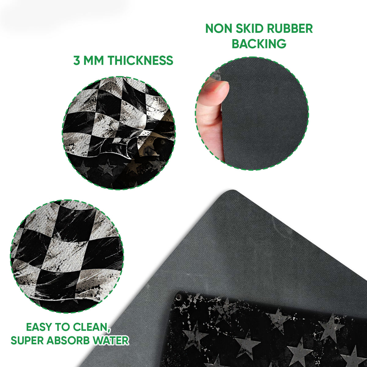 Close-up view of a dirt track racing doormat showing the checkered flag print and dark rubber backing