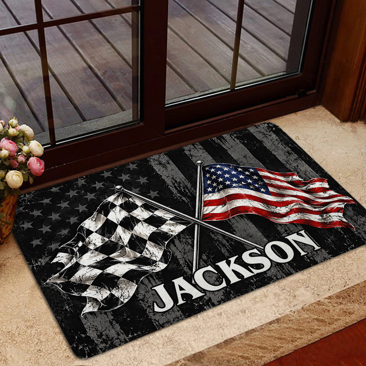 Dirt track racing doormat shown near a glass entry door with crossed racing flags and bold black artwork
