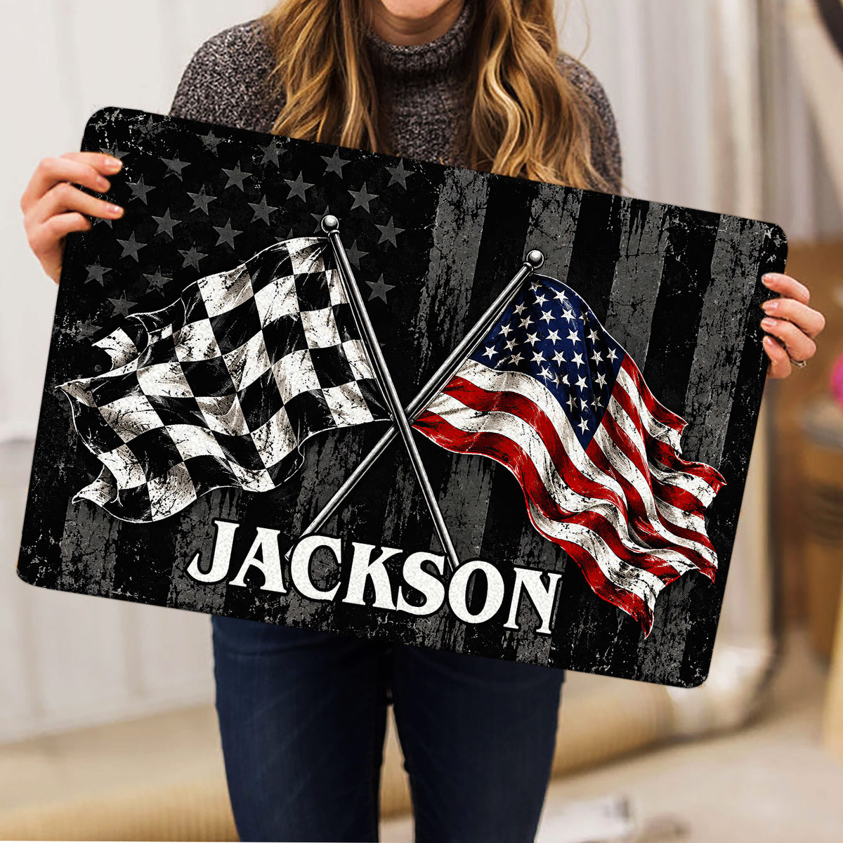 Dirt track racing doormat held indoors, displaying crossed checkered and American racing flags