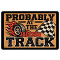 Dirt track racing doormat with flaming tire, checkered flag, bold racing graphics and customizable center lettering