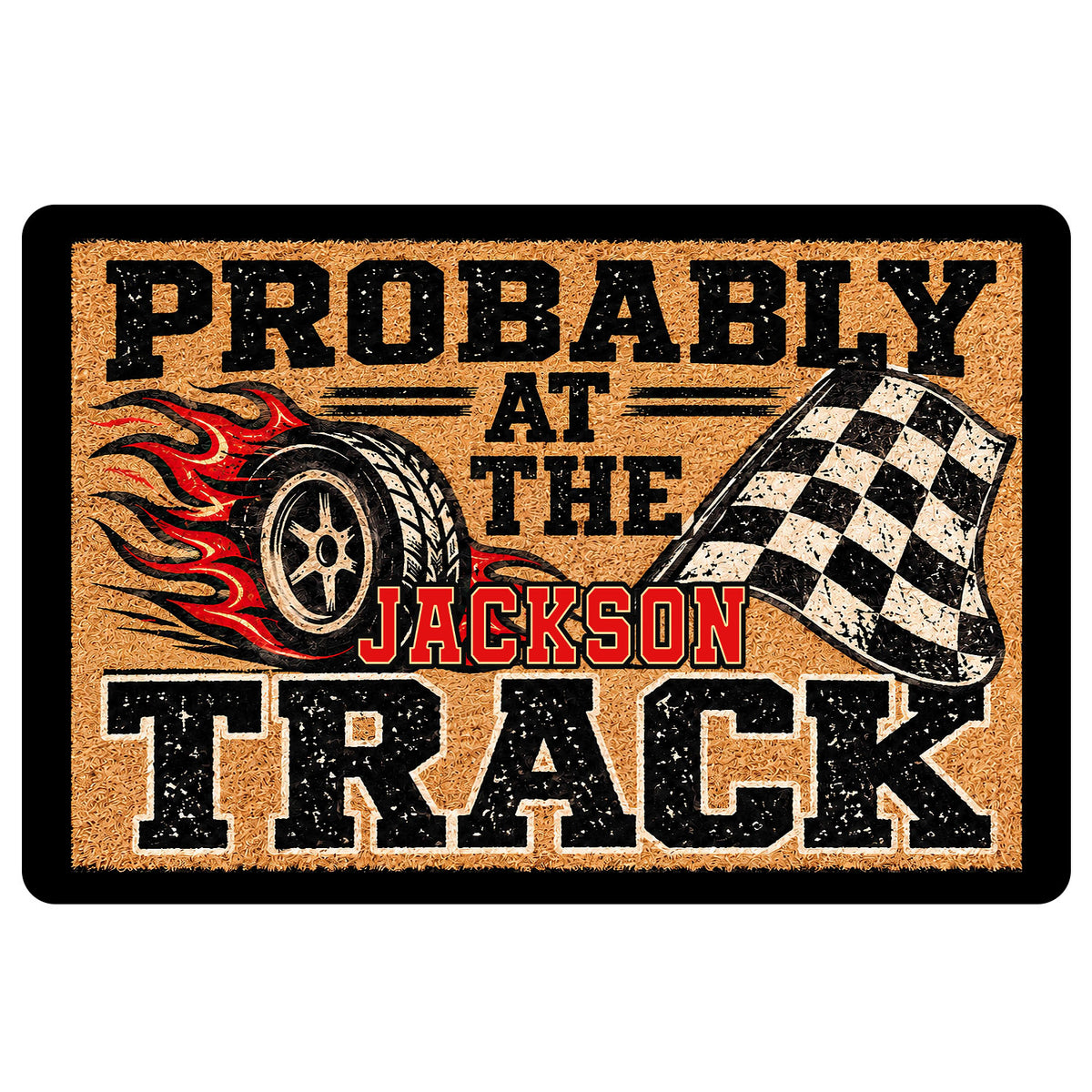 Dirt track racing doormat with flaming tire, checkered flag, bold racing graphics and customizable center lettering