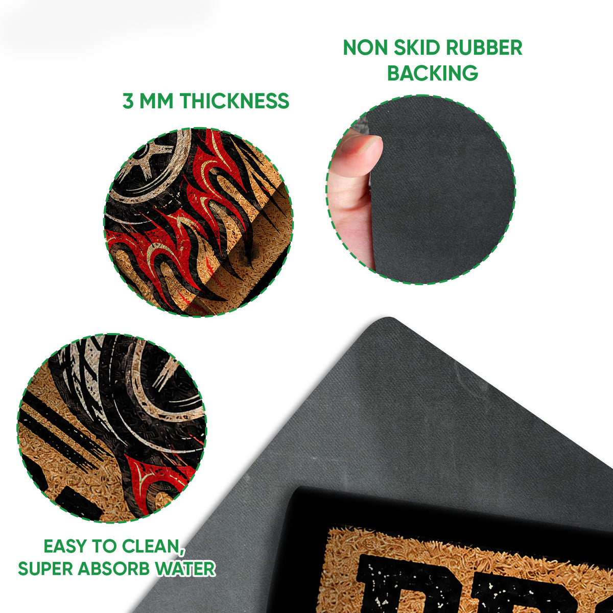 Close-up product detail showing the racing print, rubber backing and textured doormat construction