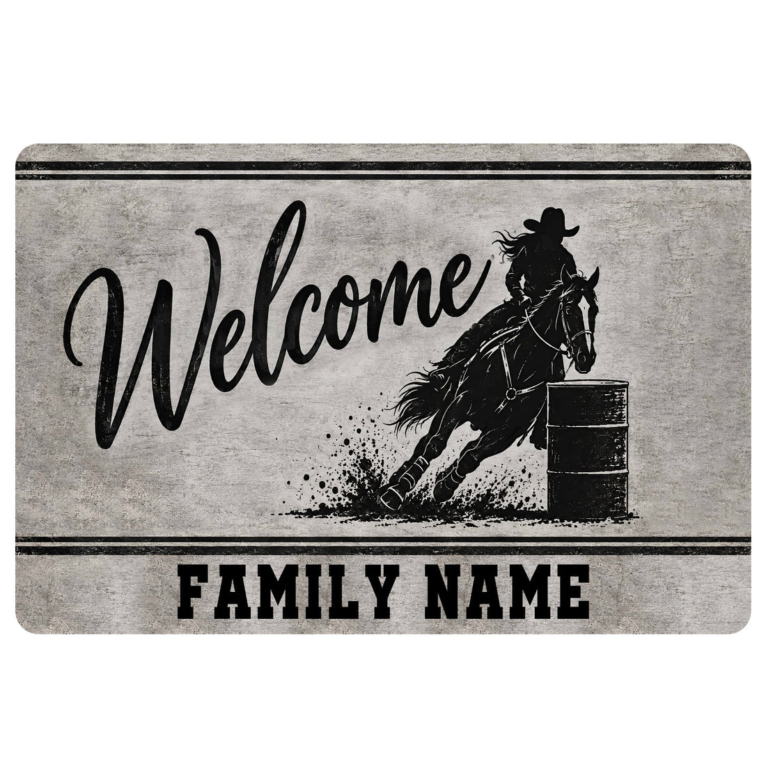 Barrel racing doormat with a horse and rider turning around a barrel in a black and gray design
