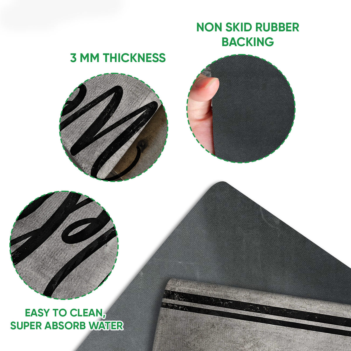 Close-up detail of a barrel racing doormat showing the printed surface and black rubber backing