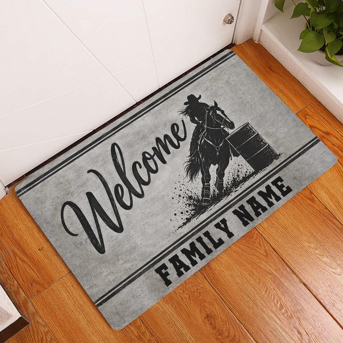 Barrel racing welcome doormat displayed at a home entryway on a warm wood floor