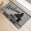 Barrel racing horse and rider doormat positioned by a doorway with a rustic gray design