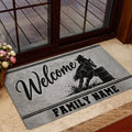 Barrel racing entryway mat displayed near glass doors with a horse, barrel, and welcome artwork