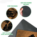 Close-up feature view of barrel racing doormat artwork and dark rubber backing