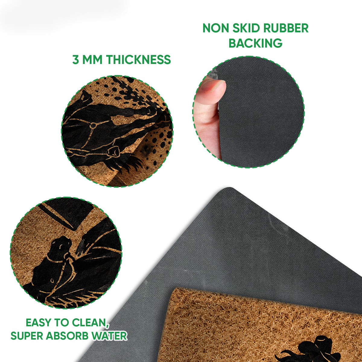 Close-up feature view of barrel racing doormat artwork and dark rubber backing