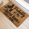 Barrel racing rubber door mat shown at an indoor entrance with horse and barrel artwork