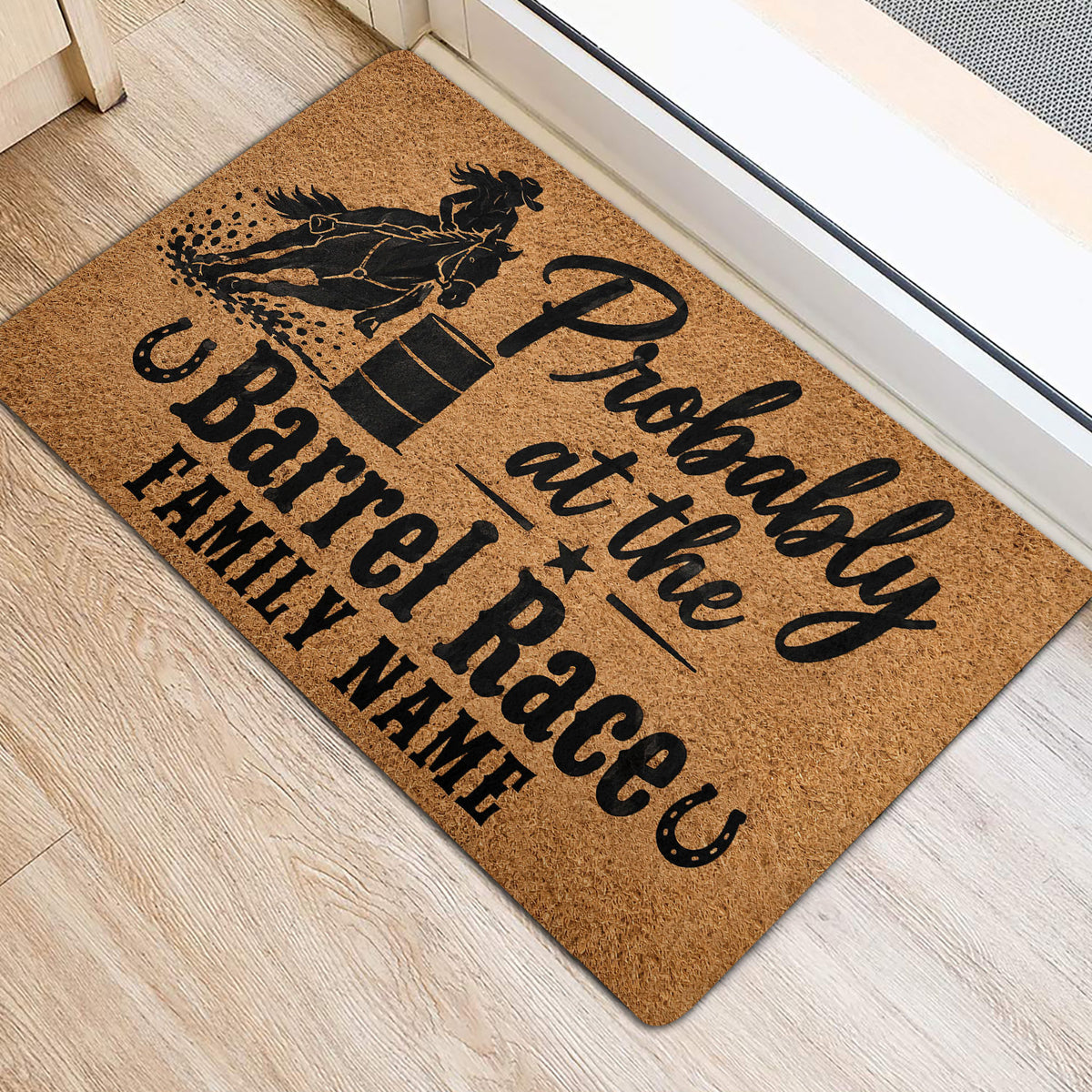 Barrel racing rubber door mat shown at an indoor entrance with horse and barrel artwork