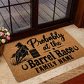 Barrel racing doormat styled in a home entryway near a glass door