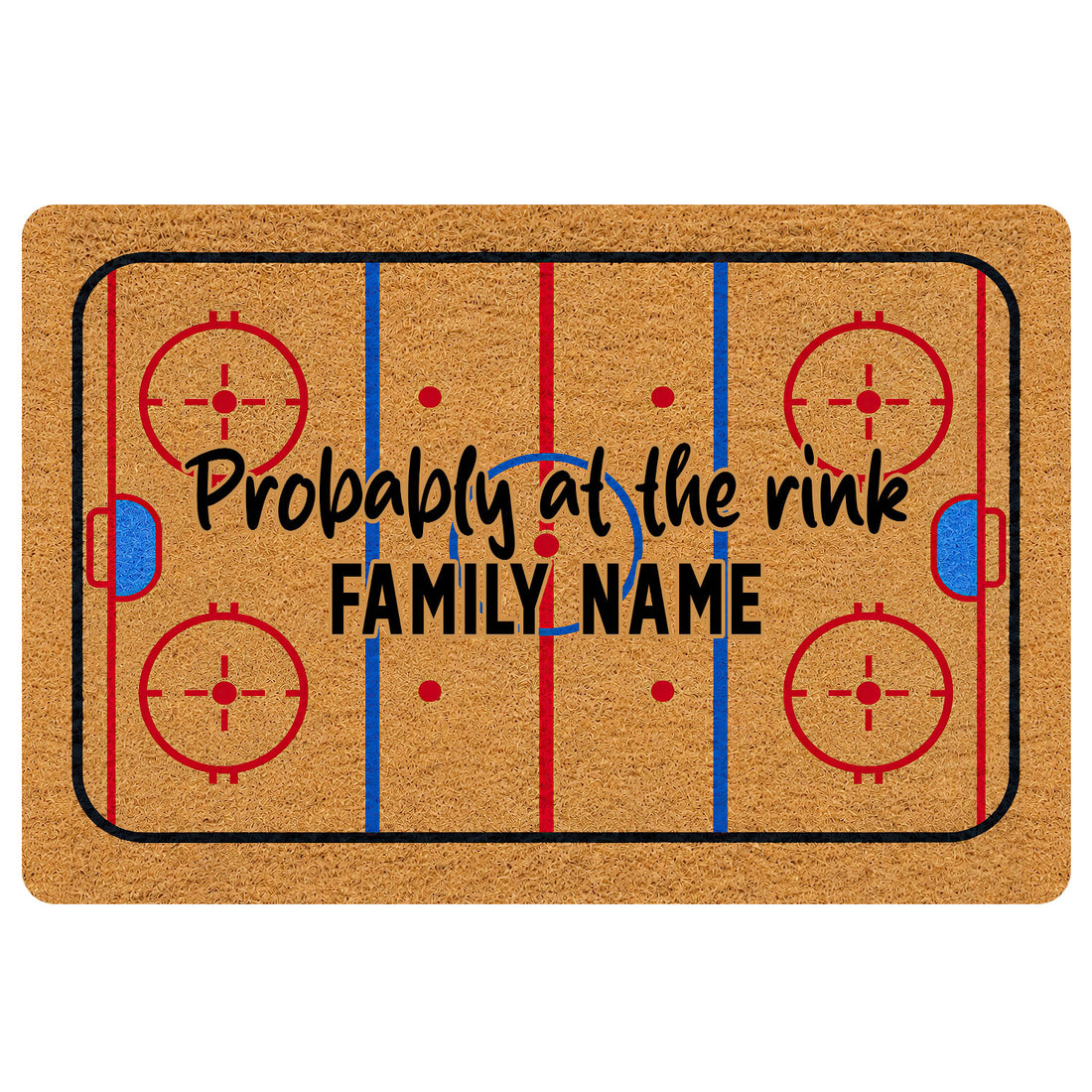 Hockey rink doormat with red and blue ice markings, faceoff circles, and bold central lettering