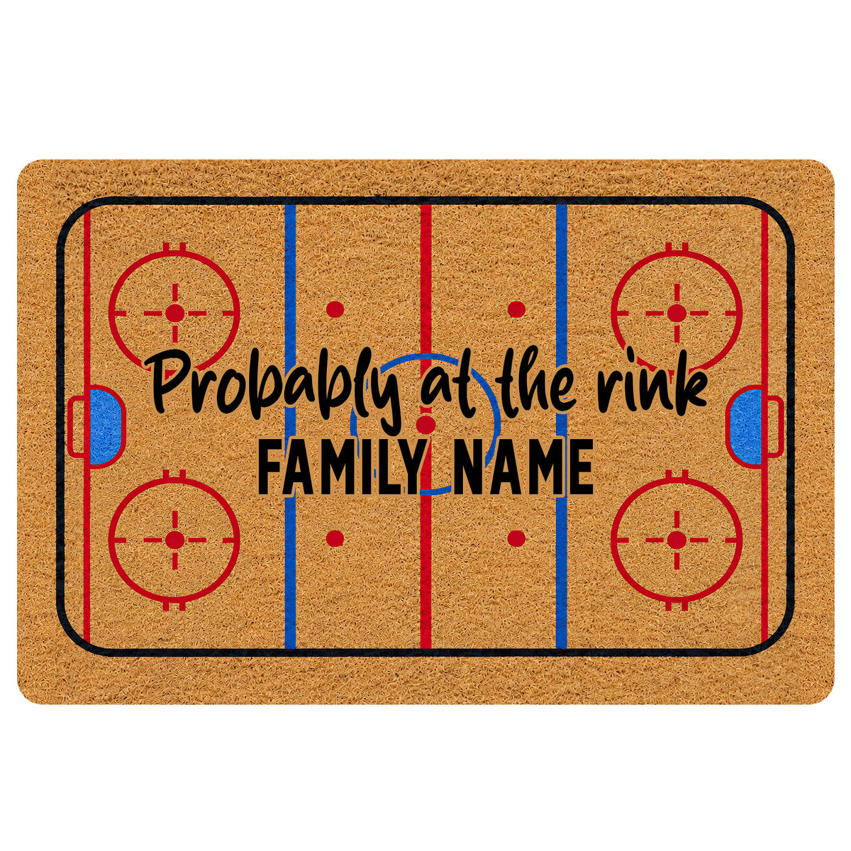 Hockey rink doormat with red and blue ice markings, faceoff circles, and bold central lettering