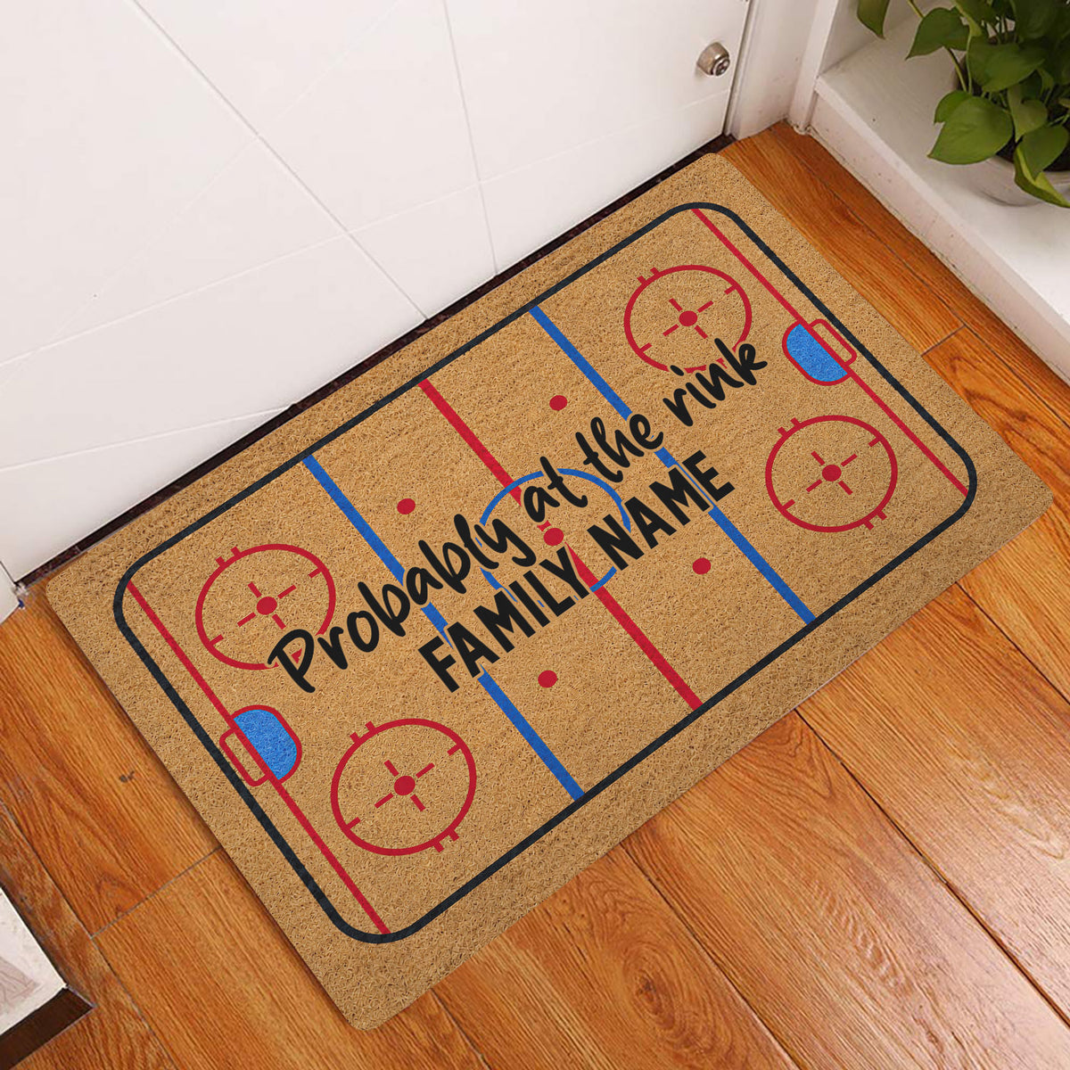Hockey rink doormat styled at a home entrance on warm wood flooring