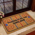 Hockey rink entryway mat displayed near a glass door with a deck visible outside