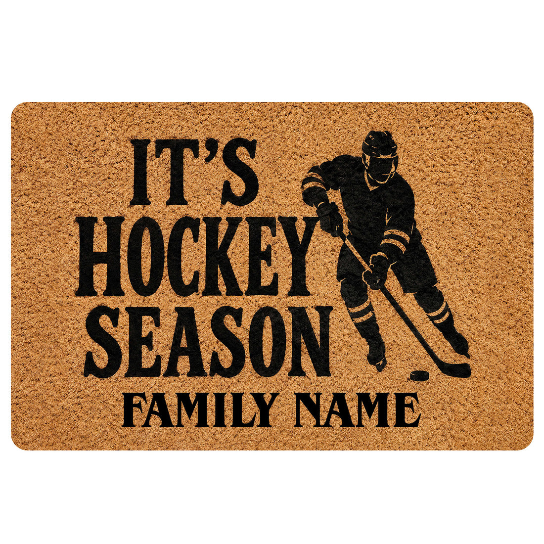 Hockey doormat with black skater silhouette, bold seasonal lettering, and family-focused entryway design