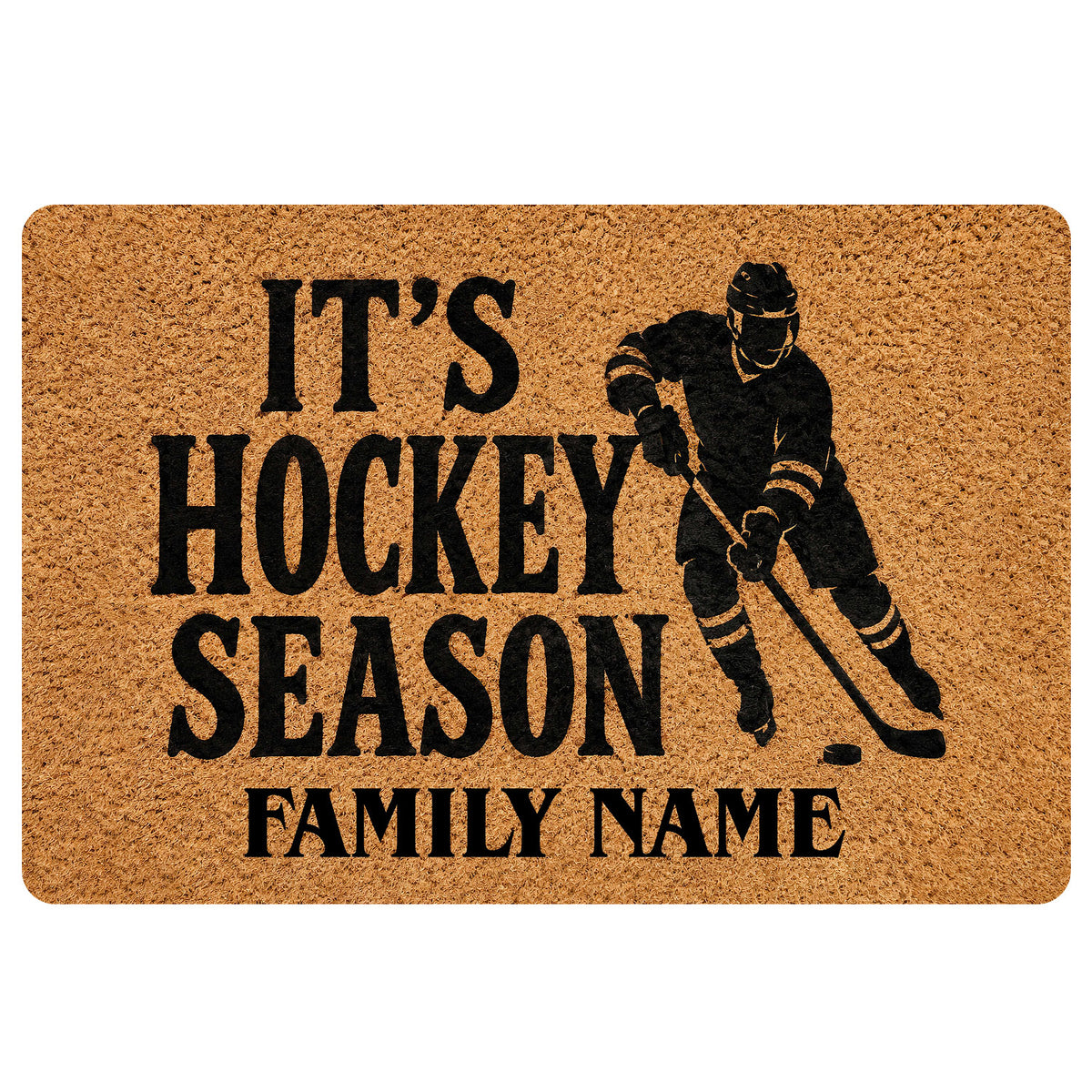 Hockey doormat with black skater silhouette, bold seasonal lettering, and family-focused entryway design