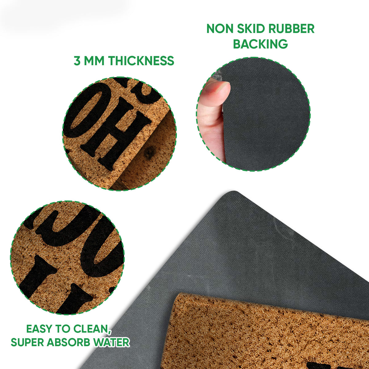 Hockey doormat detail showing the printed surface, rounded edge, thickness, and black rubber grip backing