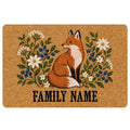 Fox doormat with wildflowers, blueberries, leafy branches, and a warm rustic entryway design